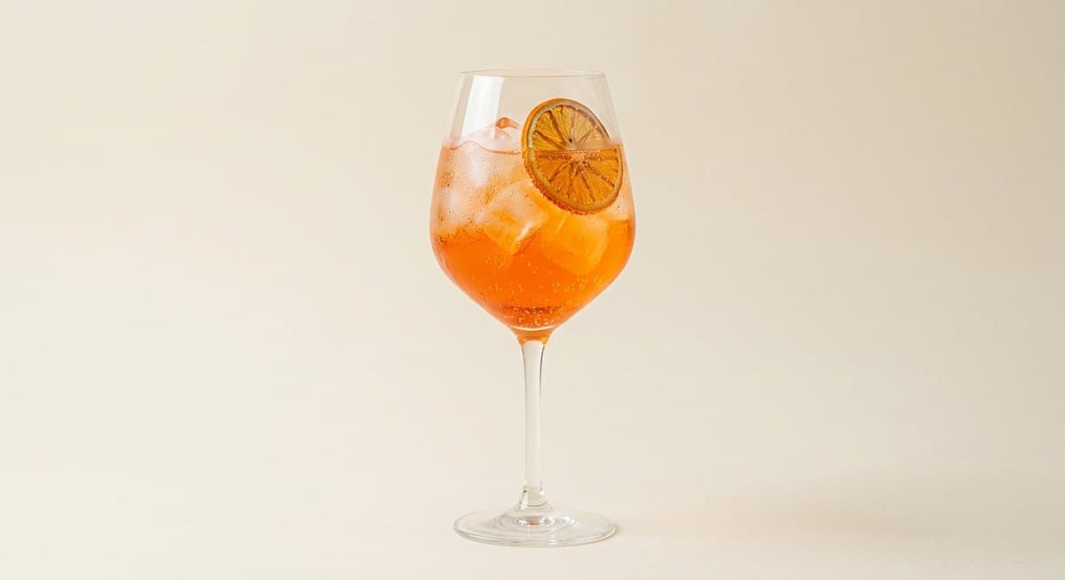 Aperol spritz with a dried orange wheel
